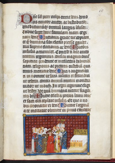 Cotton Tiberius B. VIII f.70r Barons, jotka ylläpitävät kuningattaren kruunua, "Ranskan kuninkaan Kaarle V:n kruunauskirjasta" tekijältä Master of the Coronation Book of Charles V