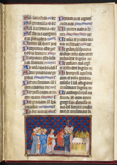 Puuvilla Tiberius B. VIII f.73r, Reimsin arkkipiispa siunaamassa Oriflammia, kuvitus Kaarle V:n, Ranskan kuninkaan, kruunauskirjasta tekijältä Master of the Coronation Book of Charles V