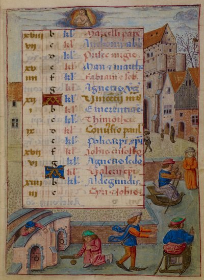 Afegeix. 18852, f.2 Pàgina del calendari de gener, il·lustració de "Hores de Joana de Castella" finlandès tekijältä Master of the David Scenes