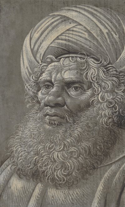 Parrakkaan miehen pää, jolla on turbaani recto, latinalainen kirjain, n. 1510. tekijältä Master of the Death of Absalom