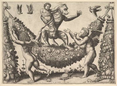 Apina pitelee sidottua puttoa seisomassa seppeleellä, jonka edessä on kaksisiiveistä p..., 1530-60. tekijältä Master of the Die