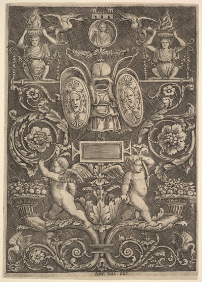 Alhaalla runsaudensarven päällä seisova koristetaulu, 1530-60. tekijältä Master of the Die