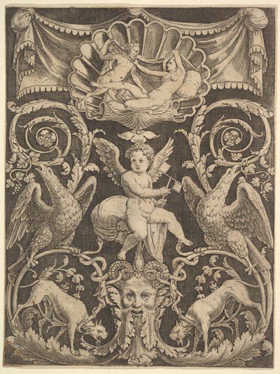 Koristepaneeli, jonka keskellä on putto ja tuulimylly, 1532. tekijältä Master of the Die