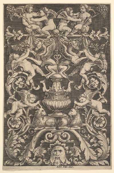Koristetaulu putti-, vuohi- ja muita hahmoja, 1530-60. tekijältä Master of the Die
