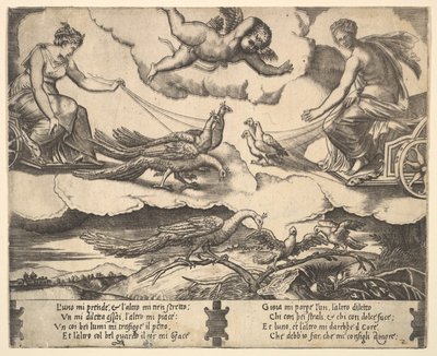 Allegoria avioliitosta ja rakkaudesta, Juno riikinkukkojen vetämissä vaunuissa vasemmalla, Venus..., 1530-60. tekijältä Master of the Die