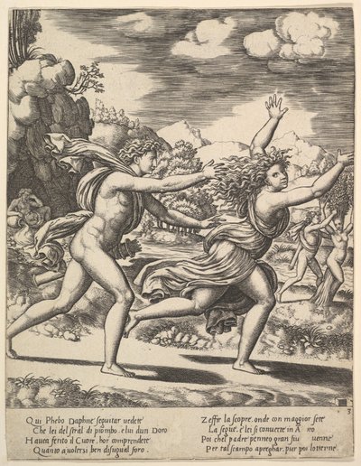 Apollo jahtaa Daphnea, joka nostaa kätensä ylös, taustalla oikealla näkyy äiti..., 1530-60. tekijältä Master of the Die