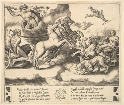 Apollo hevosvaunuissaan vasemmalla, yläpuolellaan Jupiterin yläpuolella heittelee ukkonen..., 1530-60. tekijältä Master of the Die