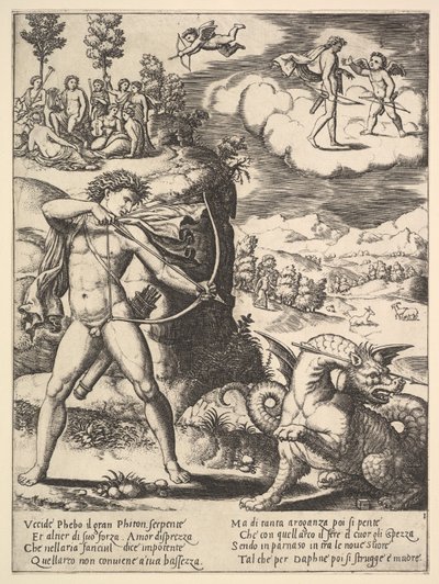 Apollo seisoo vasemmalla ampumassa pytonia nuolella, ylhäällä vasemmalla muse..., 1530-60. tekijältä Master of the Die
