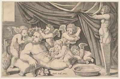 Bacchus, jota ympäröi Putti, oikealla Priapuksen patsas, 1530-60. tekijältä Master of the Die
