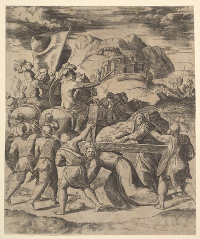 Kristus kantaa ristiä sotilaiden ympäröimänä, useat hevosen selässä, 1530-60. tekijältä Master of the Die