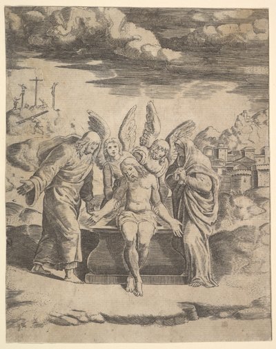Kristus istuu haudalla enkelien tukemana, 1530-60. tekijältä Master of the Die
