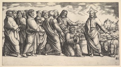 Kristus seisoo vasemmalla osoittaen lammaslaumalle, hänen edessään polvistuu Pyhä Pietari hol..., 1530-60. tekijältä Master of the Die