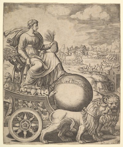 Cybele vaunuissaan, joita vetivät kaksi leijonaa, 1530-60. tekijältä Master of the Die