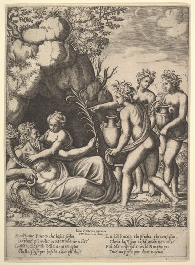 Daphne syleilee isäänsä, jokijumala Peneusta, vasemmalla kolme nymfiä tuovat purkkeja ..., 1530-60. tekijältä Master of the Die