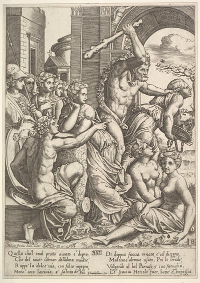 Oikealla kateus tai ahneus, jonka Hercules karkottaa muusojen temppelistä..., 1530-60. tekijältä Master of the Die
