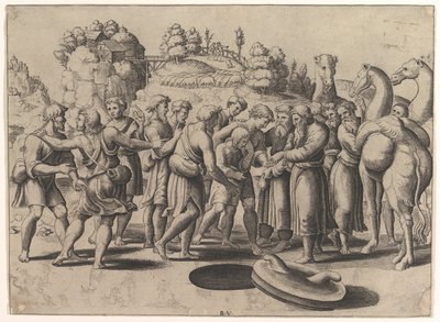 Keskellä Joosefia myyvät hänen veljensä kaivon yläpuolella, kamelit oikealla, 1533. tekijältä Master of the Die