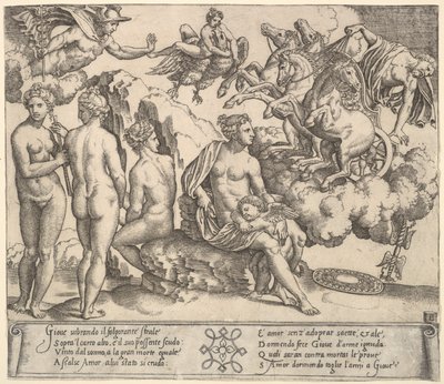 Jupiter putoaa hevoskärryistä oikealla, Ganymedes kotkan muodossa..., 1530-60. tekijältä Master of the Die