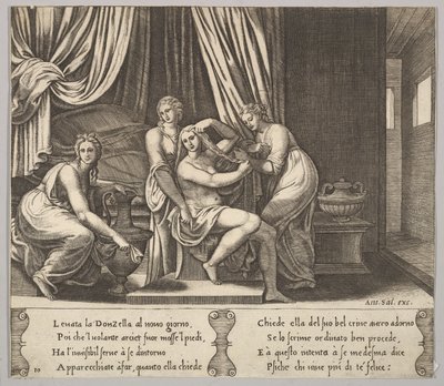 Levy 10: nymfit auttavat Psycheä pukemaan hiuksensa, teoksesta The Fable of Psyche, 1530-60. tekijältä Master of the Die