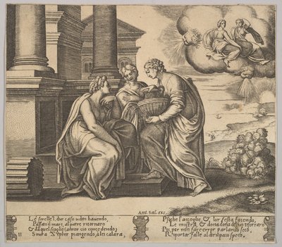 Levy 11: Psyche antaa lahjoja sisarilleen teoksesta The Fable of Psyche, 1530-60. tekijältä Master of the Die