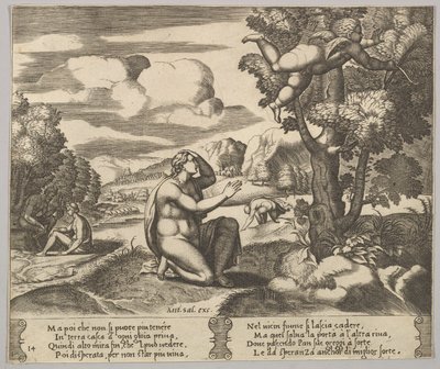 Levy 14: Amor ilmassa pakenemassa Psycheä, teoksesta The Fable of Psyche, 1530-60. tekijältä Master of the Die