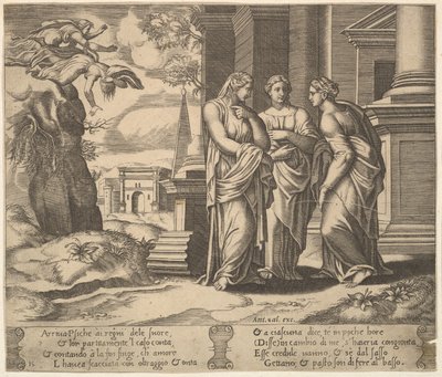 Levy 15: Psyyke kertoo onnettomuuksistaan sisarilleen, teoksesta The Fable of Psyche, 1530-60. tekijältä Master of the Die