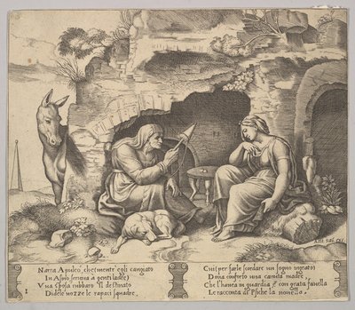 Levy 1: Apuleius muuttui aasiksi kuuntelemassa vanhan naisen kertomusta, sp..., 1520-70. tekijältä Master of the Die