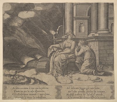 Levy 27: Proserpina antaa Psychelle kauneuslaatikon julkaisusta The Fable of Cupid and Psyche, 1530-60. tekijältä Master of the Die