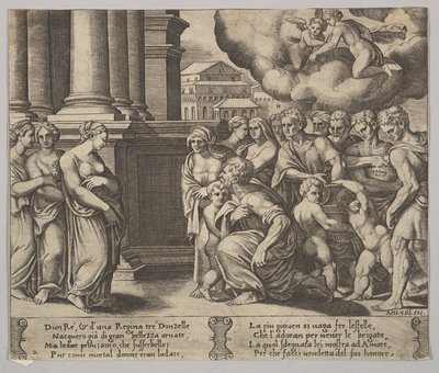 Levy 2: ihmiset, jotka antavat jumalallisia kunnianosoituksia Psykelle, teoksesta The Fable of Psyche, 1530-60. tekijältä Master of the Die