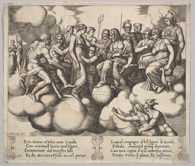 Levy 30: Venus ja Cupid vetoavat asiaansa Jupiterin ja muiden jumalien läsnäollessa..., 1530-60. tekijältä Master of the Die