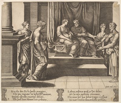 Levy 3: Psychen kaksi sisarta ovat naimisissa kuninkaiden kanssa, kirjasta The Fable of Psyche, 1530-60. tekijältä Master of the Die