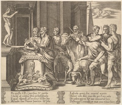 Levy 4: Psychen isä konsultoi oraakkelia, teoksesta The Fable of Psyche, 1530-60. tekijältä Master of the Die
