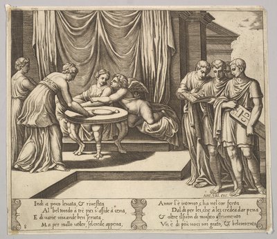 Levy 8: Psyyke istuu pöydän ääressä ja läsnä näkymättömiä palvelijoita, Eros g...n vieressä, 1530-60. tekijältä Master of the Die