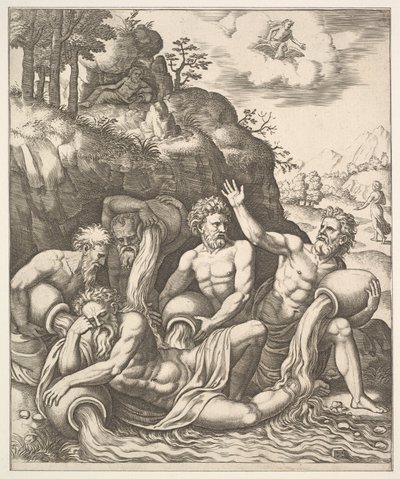 Joen jumalat lohduttavat Peneusta hänen tyttärensä Daphnen menetyksen johdosta elokuvasta Apo..., 1530-60. tekijältä Master of the Die