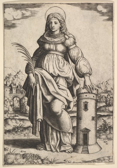 Pyhä Barbara seisomassa, kämmen oikeassa kädessään, lepäämässä vasenta kättään tornin päällä, 1530-60. tekijältä Master of the Die