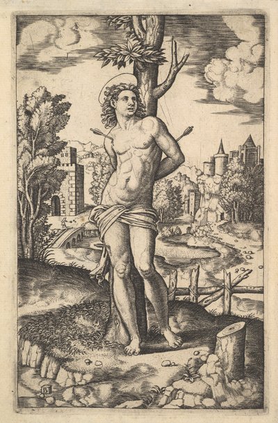 Pyhä Sebastian sidottu nuolien lävistämään puuhun, 1530-60. tekijältä Master of the Die