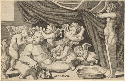 Roomalaisen loiston peili: Bacchus Puttin ympäröimänä Priapuksella..., 1500-luku. tekijältä Master of the Die