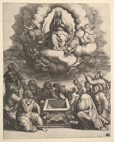 Neitsyt taivaaseenastuminen, hautaa ympäröivät apostolit, 1530-60. tekijältä Master of the Die