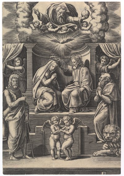 Neitsyen kruunaus, alhaalla vasemmalla seisoo Pyhä Johannes Kastaja, alhaalla oikealla..., 1530-60. tekijältä Master of the Die