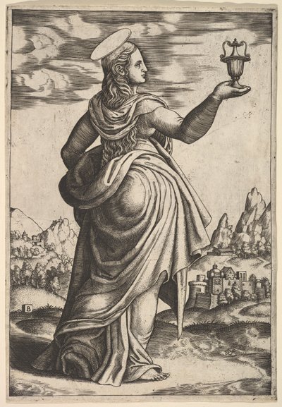 Magdaleena seisoo kasvot oikealle, tölkki ylhäällä oikealla kädellä, 1530-60. tekijältä Master of the Die