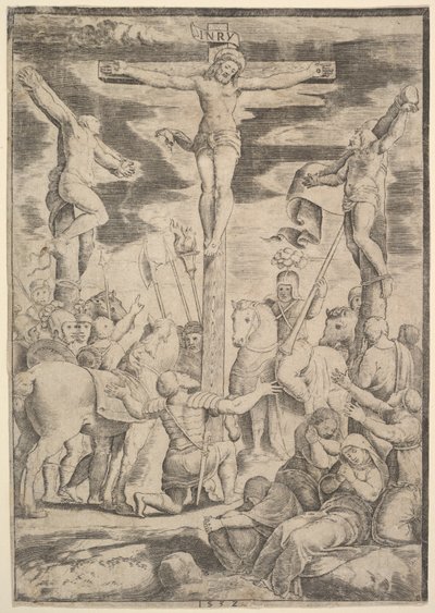 Sadanpäällikön kääntymys, joka avaa kätensä ristillä Kristuksen edessä, 1532. tekijältä Master of the Die