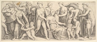 Jasonin ja Creusan häät vasemmalla Medea vie hänen lapsensa, 1530-60. tekijältä Master of the Die