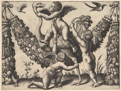 Kolme puttia suuren seppeleen edessä, keskellä oleva ratsastaa strutsilla, ..., n. 1530-40. tekijältä Master of the Die