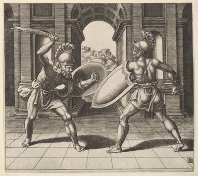 Kaksi gladiaattoria taistelemassa kaaren edessä, 1530-60. tekijältä Master of the Die