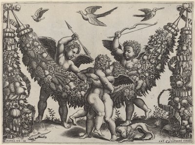 Kaksi puttia... Iskevä toinen, joka puristaa lasta tekijältä Master of the Die after Raphael