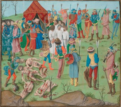 Nikopolin taistelun jälkiseuraukset Kristittyjen joukkomurha kostona Rahovan verilöylystä. Jean Froissart, kronikat, Flandria, Brugge. tekijältä Master of the Dresden Prayer Book