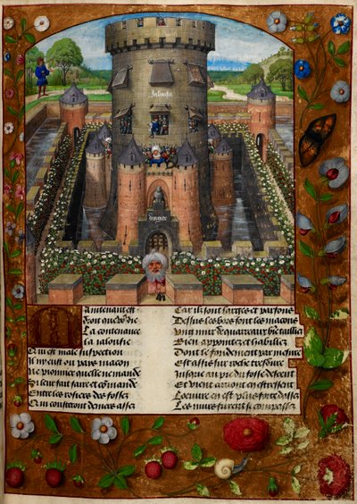 Bel Acueil (Fair Welcome), jonka Jalousie (Kateus) vangitsi sotilaiden vartioimassa tornissa, Le Roman de la Rosesta tekijältä Master of the Dresden Prayer Books