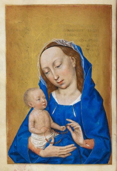 Neitsyen tunnit adventtina. Neitsyt ja lapsi leikkimässä helmikaulakorulla. tekijältä Master of the Dresden Prayer Books