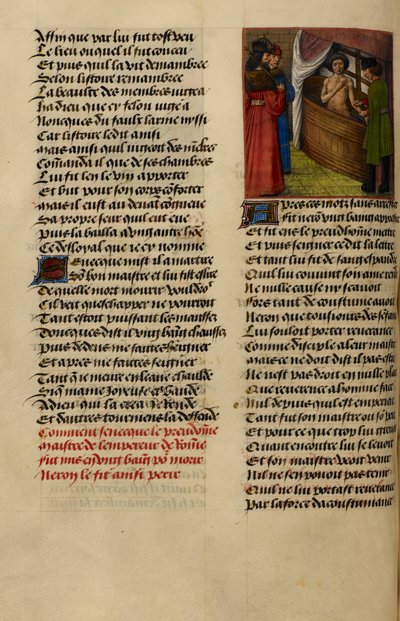 Miniatyyri esittää Neroa katsomassa, kuinka Senecan ranteita leikataan kylvyssä Le Roman de la Rosesta tekijältä Master of the Dresden Prayer Books