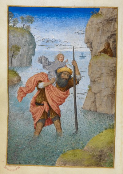 Pyhä Christopher kantaa Kristus-lapsia. tekijältä Master of the Dresden Prayer Books