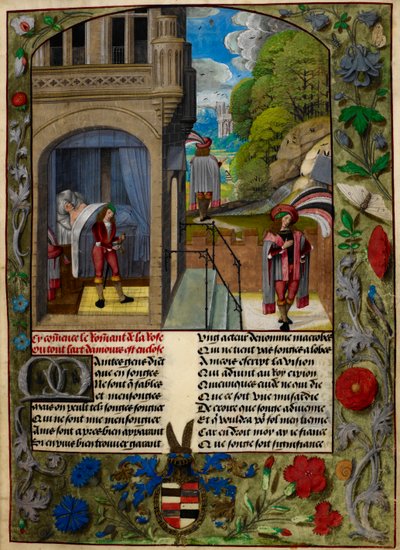 Rakastaja nukkuu, nousee ylös ja menee Rakkauden puutarhaan Le Roman de la Rosesta tekijältä Master of the Dresden Prayer Books